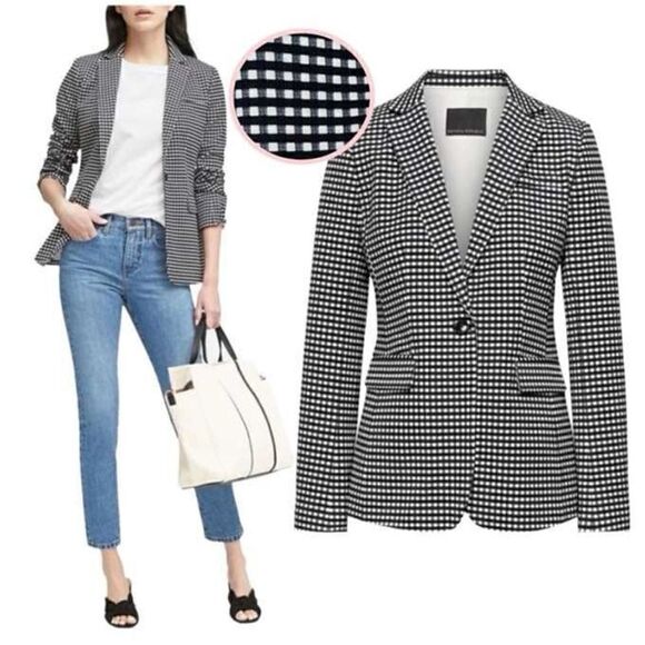 Banana Republic Women’s Size 00 One Button Blazer Black White Gingham Plaid NWOT - Picture 2 of 13